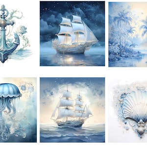 May include: A collection of six watercolor paintings featuring nautical and marine themes. The images include a detailed anchor, sailing ships on the sea, a jellyfish, a coastal landscape with palm trees, and a seashell, all in shades of blue and white.