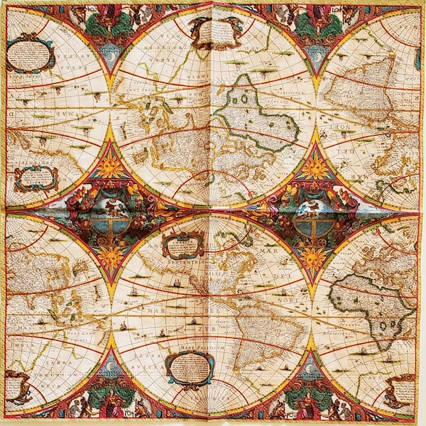 Decoupage Napkins- World Map Atlas Paper Napkins- Set of 3- Cocktail Size