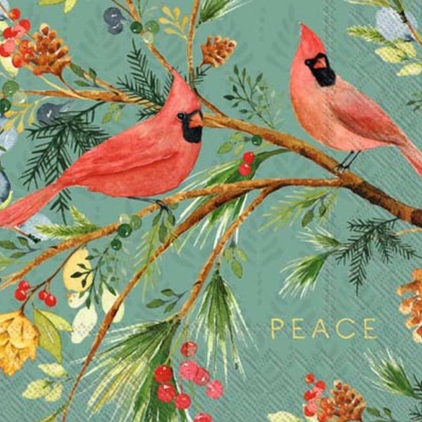 Decoupage Napkins- Christmas Cardinal Birds Paper Napkins- Set of 3- Cocktail Size