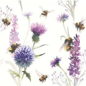 May include: Watercolor painting of purple and blue flowers with bumblebees flying around them. The flowers are painted in a realistic style with delicate details.
