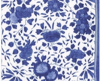 Decoupage Napkins- Blue and White Delft Flower Paper Napkins- Set of 3- Cocktail Size