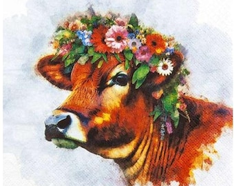 Decoupage Napkins-  Cow Red Flower Crown Paper Napkins- Set of 3 - Luncheon Size