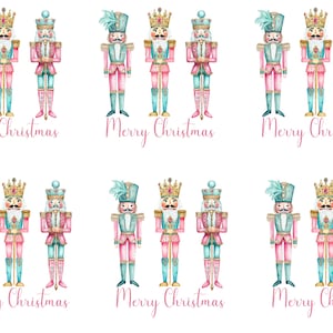 May include: Watercolor illustration of six sets of nutcrackers in pink, teal, and gold. Each nutcracker is wearing a crown or hat. The words "Merry Christmas" are written in pink script below each set of nutcrackers.