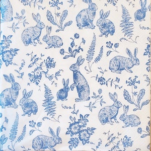 Decoupage Napkins - Blue White Easter Bunny Toile Paper Napkins- Set of 3- Cocktail Size