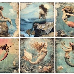 May include: A collection of six vintage-style mermaid art prints. Each print features a different mermaid with flowing hair and a fishtail, set against a backdrop of the sea or underwater scenes. The color palette includes blues, greens, and corals.