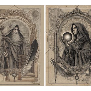 May include: Two sepia-toned illustrations of figures in hooded robes. One depicts an elderly man with a long beard holding a staff and a large feather. The other shows a woman holding a glowing orb. Both are framed with ornate details.