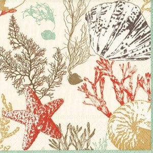 Decoupage Napkins- Coral Starfish Ocean Paper Napkins- Set of 3- Cocktail Size