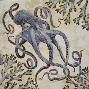 Decoupage Napkins- Octopus Paper Napkins- Set of 3- Cocktail Size