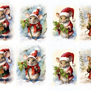 May include: Eight adorable cartoon mice wearing Santa hats and red coats. Each mouse is holding a Christmas-themed item, such as a gift, holly, or a sprig of pine.