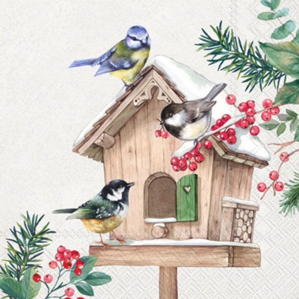 Decoupage Napkins- Winter Bird Birdhouse Paper Napkins- Set of 3- Cocktail size