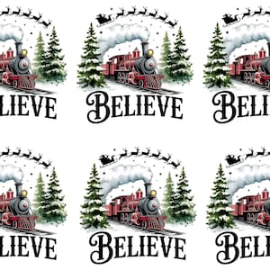 May include: A repeating pattern of a vintage red steam train with the word "BELIEVE" in black script. The train is surrounded by snow-covered pine trees, steam, and a silhouette of Santa's sleigh and reindeer.