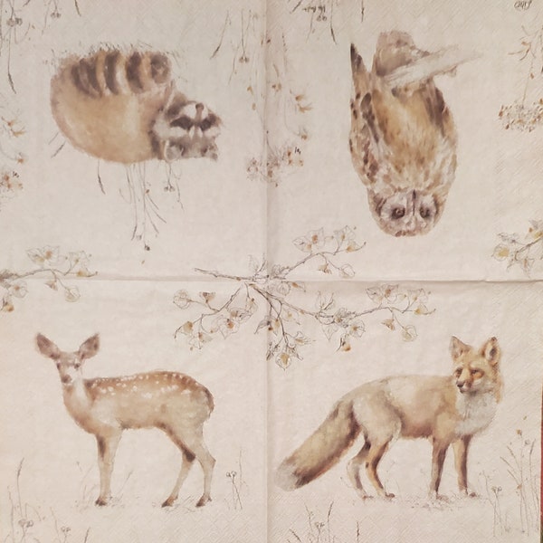 Decoupage Paper Napkins - Fox Deer Raccoon Owl Paper Napkins - set of 3 -  Cocktail Size