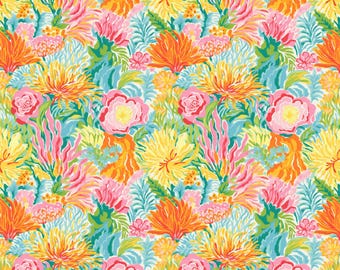 May include: A vibrant floral pattern featuring a dense arrangement of colorful flowers and foliage. The design includes large yellow, orange, and pink blooms, with accents of teal and green. The overall effect is a bright and cheerful botanical print.