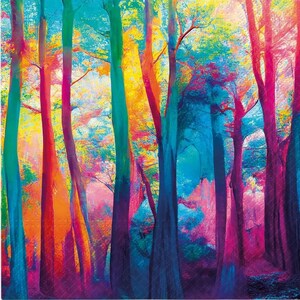 Decoupage Napkins- Colorful Tree Forest Woods Paper Napkins- Set of 3- Luncheon Size