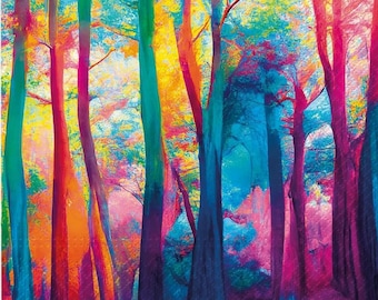 Decoupage Napkins- Colorful Tree Forest Woods Paper Napkins- Set of 3- Luncheon Size