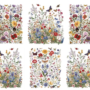 May include: A colorful illustration of a field of wildflowers with butterflies and bees. The flowers are in shades of pink, purple, blue, yellow, red, and white. The butterflies are blue and black.