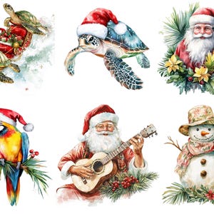 May include: Watercolor illustrations of Christmas-themed creatures. Includes turtles pulling a sleigh, a turtle wearing a Santa hat, Santa Claus with a parrot, a parrot in a Santa hat, Santa playing a ukulele, and a snowman.