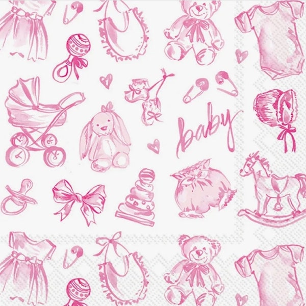 Decoupage Napkins- Baby Girl Pink Toile Paper Napkins- Set of 3- Cocktail Size