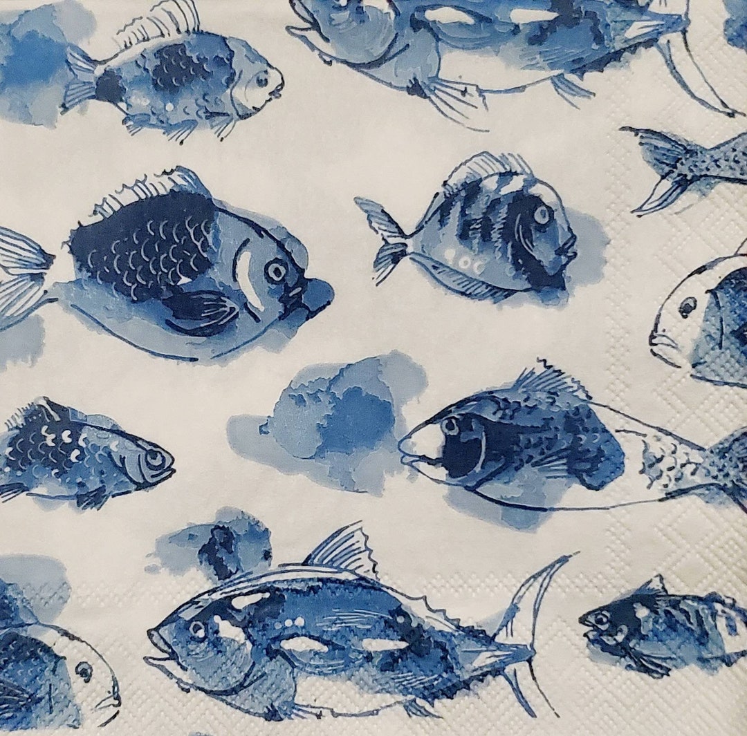 Decoupage Napkins Blue and White Fish Paper Napkins Set of 3 Cocktail