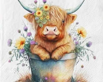 Decoupage Napkins-  Highland Cow Paper Napkins- Set of 3 - Luncheon Size