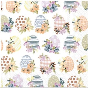 May include: A white background with a repeating pattern of colorful Easter eggs decorated with flowers. The eggs are in various shades of blue, pink, yellow, and brown. Some eggs have polka dots, stripes, or a checkered pattern.