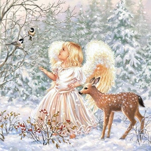 Decoupage Napkins- Christmas Angel Deer Paper Napkins- Set of 3 - Luncheon Size