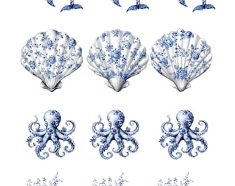 Rice Paper for Decoupage / Blue White Chinoiserie Beach Coastal Octopus Whale / 1 Rice Paper / A4 / A5 / Customizable