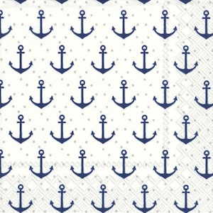 May include: A white background with a repeating pattern of navy blue anchors and small gray dots.