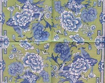 Decoupage Napkins- Blue and White Chinoiserie Rose Paper Napkins- Set of 3- Cocktail Size