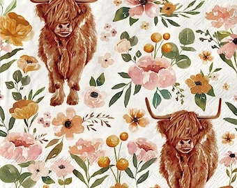 Decoupage Napkins-  Highland Cow Paper Napkins- Set of 3 - Luncheon Size