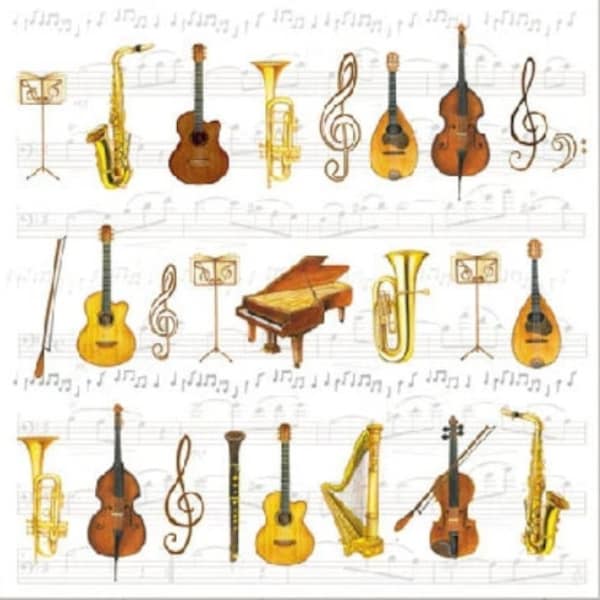 Decoupage Napkins- Music Instruments Orchestra Paper Napkins- Set of 3- Luncheon Size