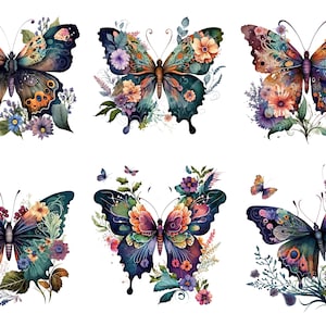 May include: Six colorful butterfly illustrations with floral accents. Each butterfly has a unique design and color scheme, with shades of blue, purple, green, orange, and yellow. The butterflies are surrounded by flowers and leaves, creating a whimsical and delicate scene.