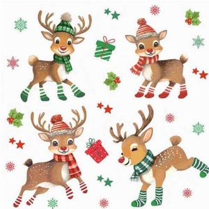 May include: Four cartoon reindeer with red and white striped hats and green and white scarves. The reindeer are wearing red and white striped socks and are standing on a white background.