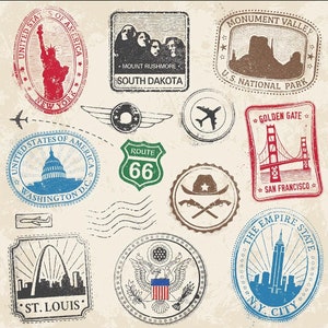 May include: A collection of vintage-style rubber stamps featuring landmarks and locations from across the United States. The stamps include images of the Statue of Liberty, Mount Rushmore, the Golden Gate Bridge, the Gateway Arch, and more. The stamps are all in a distressed, vintage style, with faded colors and rough edges.