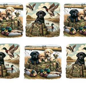 May include: Illustration of Labrador puppies in a camouflage bag with ducks and a marsh background. The puppies are black, tan, and yellow. Ducks are flying and resting on the water. The scene evokes a hunting or outdoor theme.