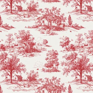 May include: Red and white toile fabric featuring a repeating pattern of rural landscapes. The design includes houses, trees, and rolling hills, creating a classic, pastoral scene. The fabric is suitable for various home decor projects.