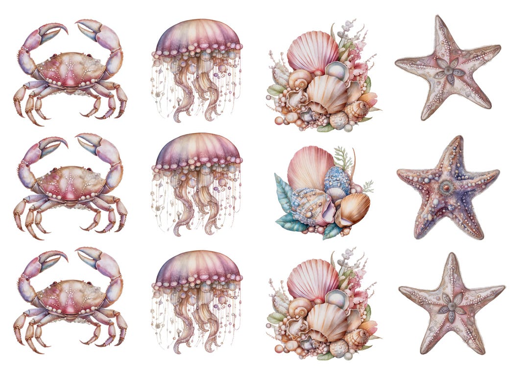 Rice Paper for Decoupage / Pink Crab Octopus Starfish Seashells Ocean ...
