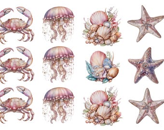 Rice Paper for Decoupage / Pink Crab Octopus Starfish Seashells Ocean Beach / 1 Rice Paper / A4 / A5 / Customizable