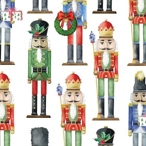 May include: A seamless pattern featuring watercolor illustrations of nutcracker soldiers in various colors and poses. The nutcrackers are wearing traditional costumes and holding various accessories, such as swords, drums, and wreaths. The background is white.