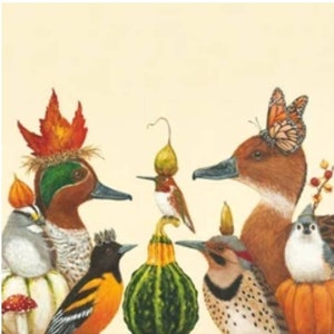 May include: An illustration featuring a collection of birds, each adorned with unique headwear. Some birds have pumpkins, leaves, and butterflies as accessories. The artwork has a warm color palette, with a cream-colored background.