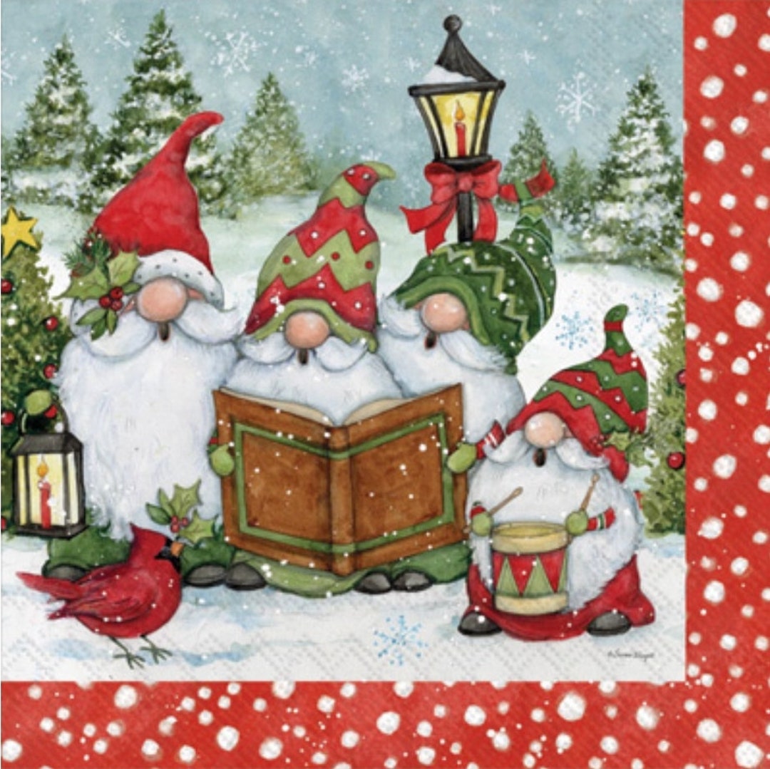 Decoupage Napkins Christmas Gnome Paper Napkins Set of 3 Cocktail Size Etsy