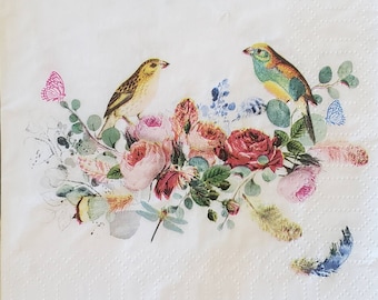 Decoupage Paper Napkins - Love Birds Flower Wreath - set of 3 - Cocktail size