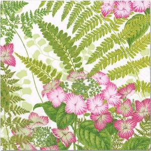 Decoupage Napkins- Fern & Pink Flowers Paper Napkins- Set of 3- Cocktail Size