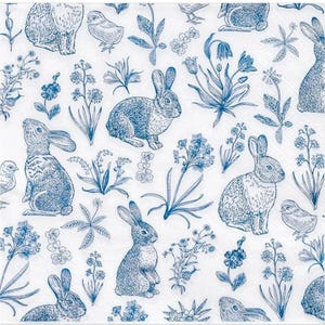May include: A white background with a blue and white pattern of bunnies, chicks, and flowers. The pattern is repeated throughout the image.
