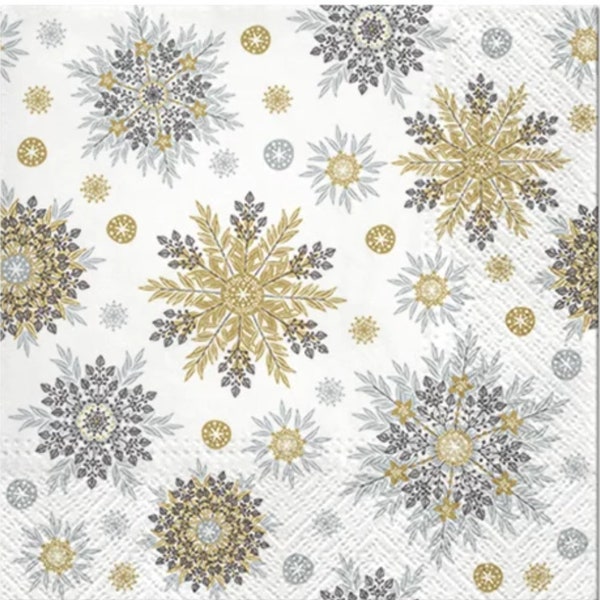 Decoupage Napkins- Snowflake Silver Gold Paper Napkins- Set of 3 - Luncheon Size