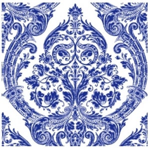 May include: A detailed, symmetrical pattern in shades of blue and white. The design features ornate floral and scrollwork motifs, creating a classic, elegant aesthetic. The repeating pattern is suitable for wallpaper, fabric, or decorative applications.