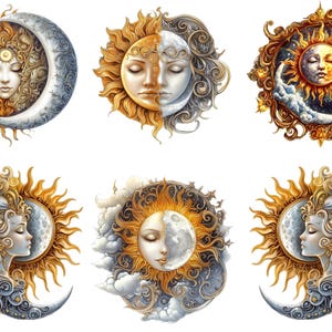 May include: A collection of celestial-themed illustrations featuring the sun and moon. Each design showcases a face within the sun or moon, with intricate details and a blend of gold, silver, and white colors. The artwork evokes a mystical and artistic aesthetic.