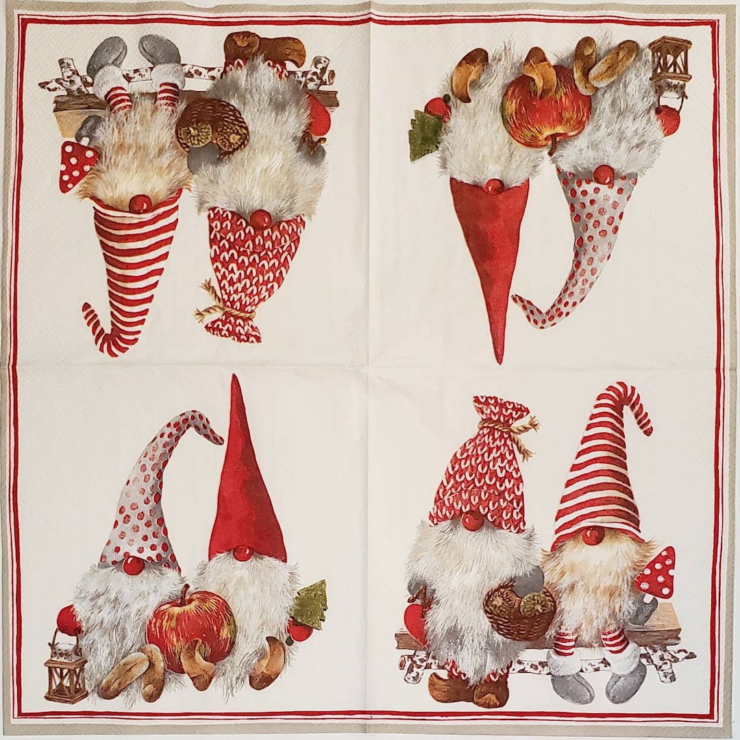 Decoupage Napkins Christmas Gnome Paper Napkins Set of 3 Luncheon Etsy