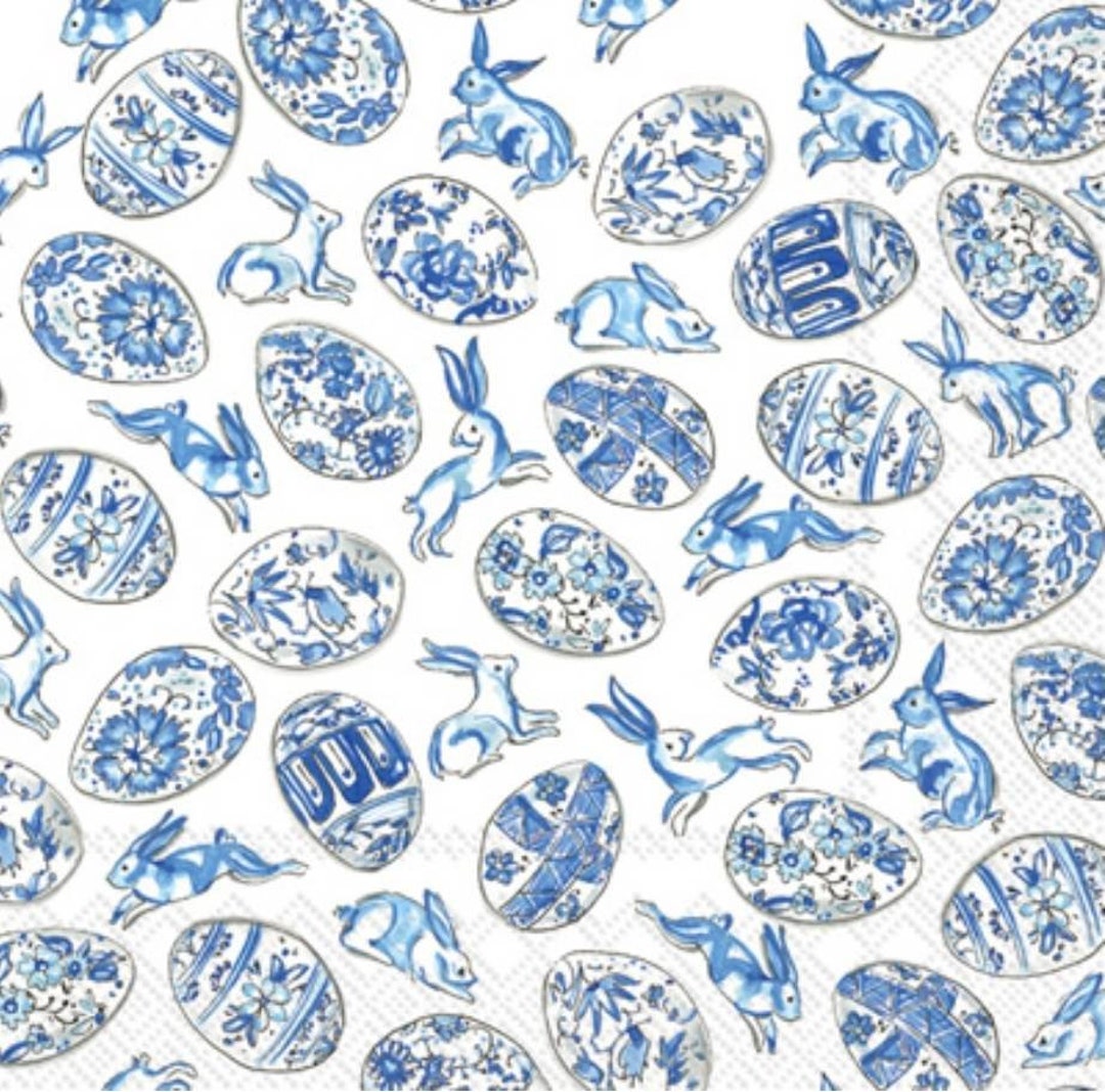 Decoupage Napkins Blue White Easter Bunny Toile Paper Napkins Set of 3