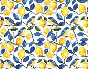 Rice Paper for Decoupage / Blue White Birds Lemon Mediterranean/ 1 Rice Paper / A4 / A5 / Customizable